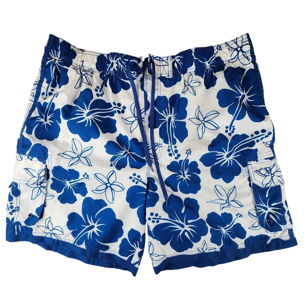 Ocean Pacific Mens XL Hibiscus Floral Swim Trunks Lined Blue White Cargo Pockets